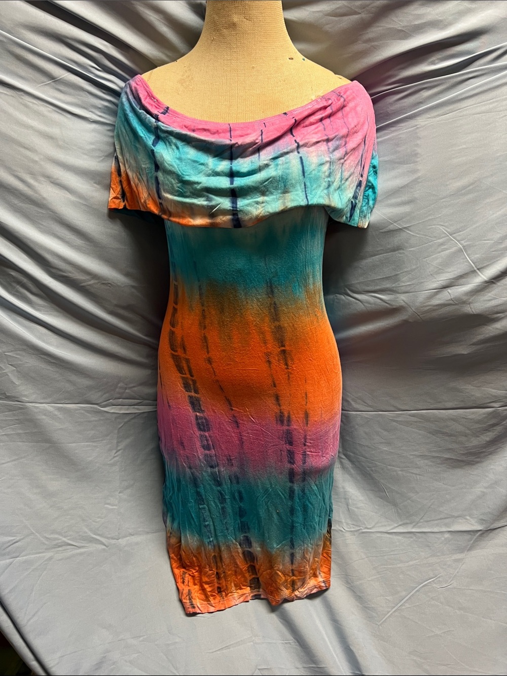 Tie-Dye Off-Shoulder Bodycon Dress - Pink, Teal & Orange